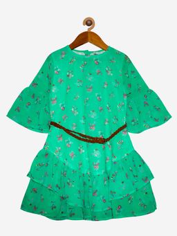 KiddoPanti - Green Flower Girls Frill Bottom Layers Dress With Belt