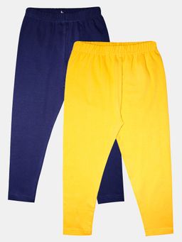 KiddoPanti - Navy & Yellow Girls Solid Ankle Length Lycra Legging (pack Of 2)