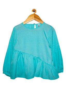KiddoPanti - Aque Blue Girls Full Sleeve Cut & Sew Frill Layer Top