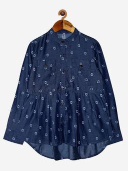 KiddoPanti - Blue Square Print Girls Full Sleeve Printed Top With Pleated Bottom