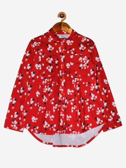 KiddoPanti - Red Flower Girls Full Sleeve Printed Top With Pleated Bottom