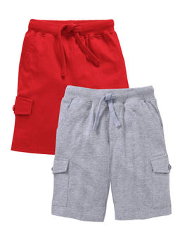 KiddoPanti - Red & Grey Melange Boys Solid Knit Cargo Short (pack Of 2)
