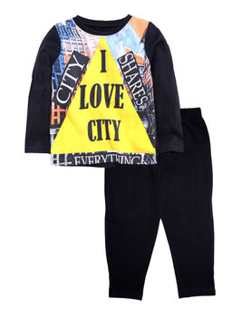 KiddoPanti - Black And Black I Love City Print Full Sleeve Round Neck Tee And Pyjama (set Of 2)