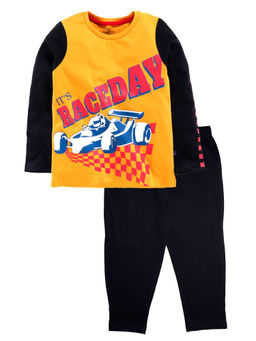 KiddoPanti - Mustard And Black Full Sleeve F1 Race Day Print Tee And Pyjama (set Of 2)