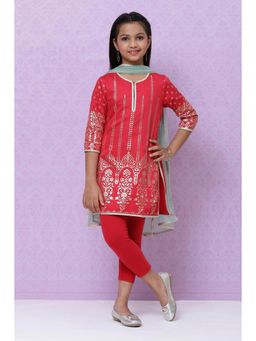 Biba - Red Cotton Girls Straight Suit (Set of 3)