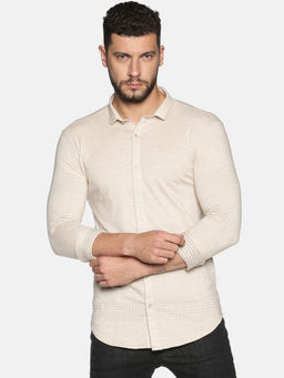 SHOWOFFFF - Cotton Beige Self Design Slim Fit Shirt