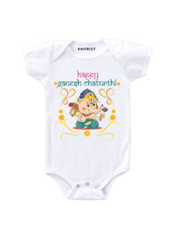 KNITROOT - Ganesh Chaturthi Printed White Onesie