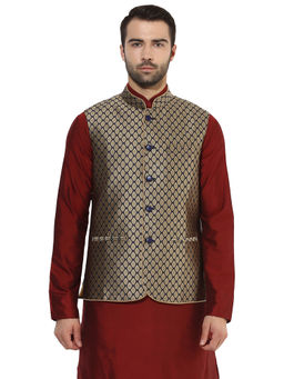 KISAH - Printed Men Navy Blue Nehru Jacket