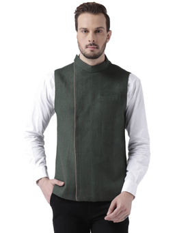 KISAH - Solid Men Bottle Green Nehru Jacket