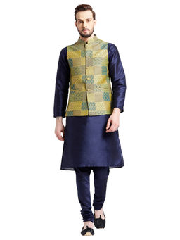 KISAH - Men Multi Coloured Printed Silk Blend Kurta Jacket Churidar Set with Abstract Print