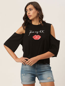 KENDALL + KYLIE - Women Black Typography cold-shoulder T-shirt