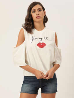 KENDALL + KYLIE - KENDALL + KYLIE White Chest Printed Cold Shoulder Casual Top