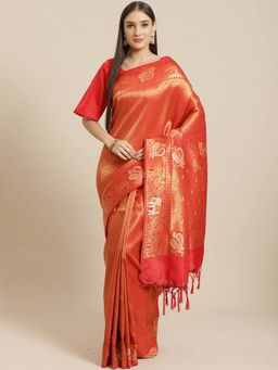 Sareemall - Red Festive Silk Blend Woven Saree With Unstitched Blouse