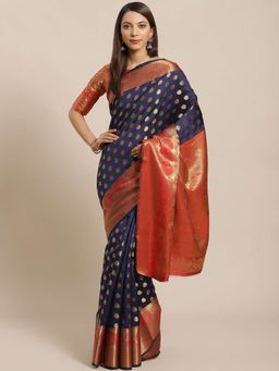 Sareemall - Navy Blue Handloom Saree Unstitched Blouse