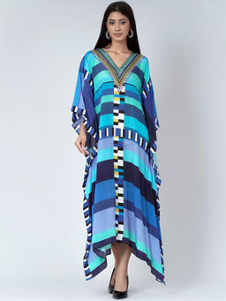 First Resort by Ramola Bachchan - Blue Geometric Mid Length Kaftan