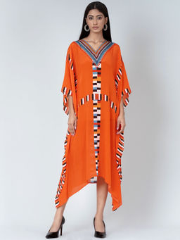 First Resort by Ramola Bachchan - Orange Geometric Mid Length Kaftan