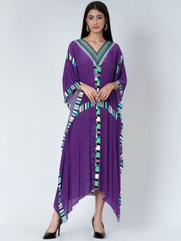 First Resort by Ramola Bachchan - Purple Geometric Mid Length Kaftan