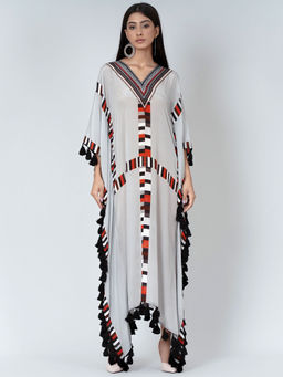 First Resort by Ramola Bachchan - Grey Geometric Mid Length Kaftan With Lace