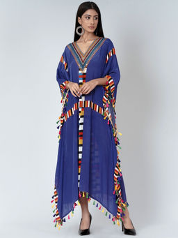 First Resort by Ramola Bachchan - Navy Blue Geometric Mid Length Kaftan With Lace