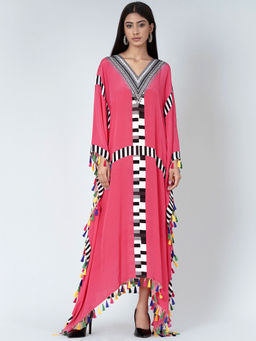 First Resort by Ramola Bachchan - Pink Geometric Mid Length Kaftan With Lace