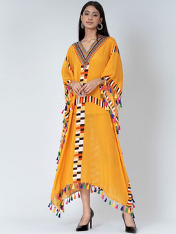 First Resort by Ramola Bachchan - Yellow Geometric Mid Length Kaftan With Lace
