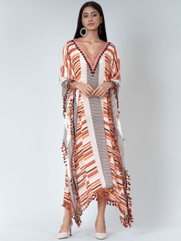 First Resort by Ramola Bachchan - Orange Stripe Mid Length Kaftan
