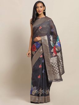 Sareemall - Black Linen Silk Saree With Unstitched Blouse