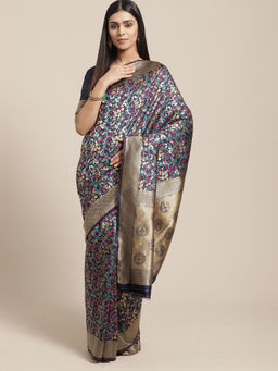 Sareemall - Navy Blue Party Silk Blend Banarasi Saree With Unstitched Blouse