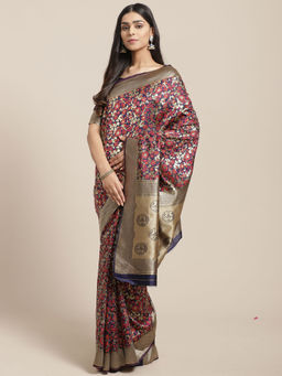 Sareemall - Navy Blue Party Silk Blend Banarasi Saree With Unstitched Blouse