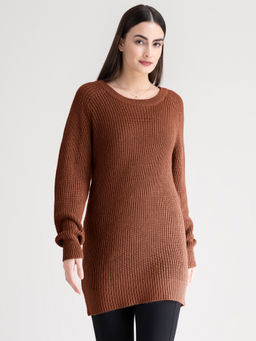 FableStreet - Rust Round Neck Tunic Sweater