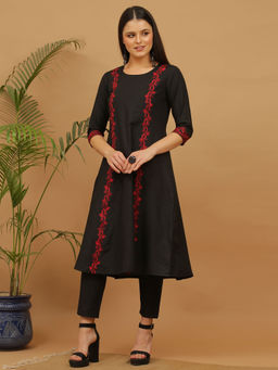 Kaanchie Nanggia - Black Embroidered Cotton Kurta Pant (Set of 2)