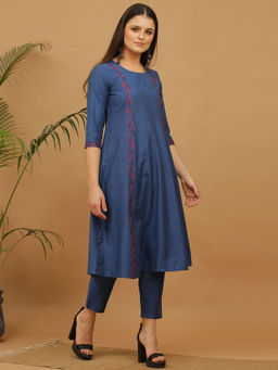 Kaanchie Nanggia - Blue Embroidered Cotton Kurta Pant (Set of 2)