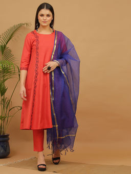 Kaanchie Nanggia - Red Embroidered Cotton Kurta Pant Dupatta (Set of 3)