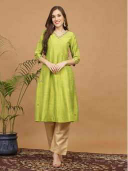 Kaanchie Nanggia - Green Embroidered Silk Kurta Pant (Set of 2)