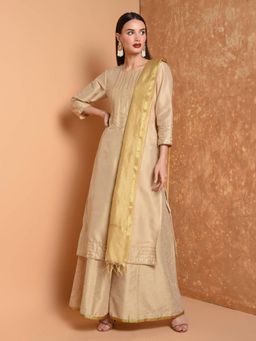 Kaanchie Nanggia - Nude Printed Kurta And Palazzo With Dupatta (Set of 3)