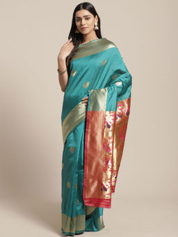 Sareemall - Green Party Silk Blend Banarasi Saree With Unstitched Blouse