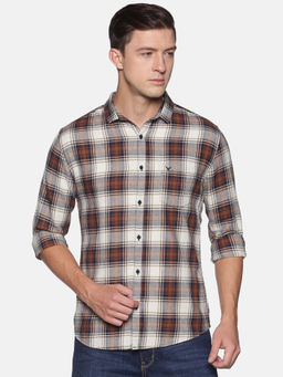 SHOWOFF - Men's Cotton Casual Beige Checks Slim Fit Shirt