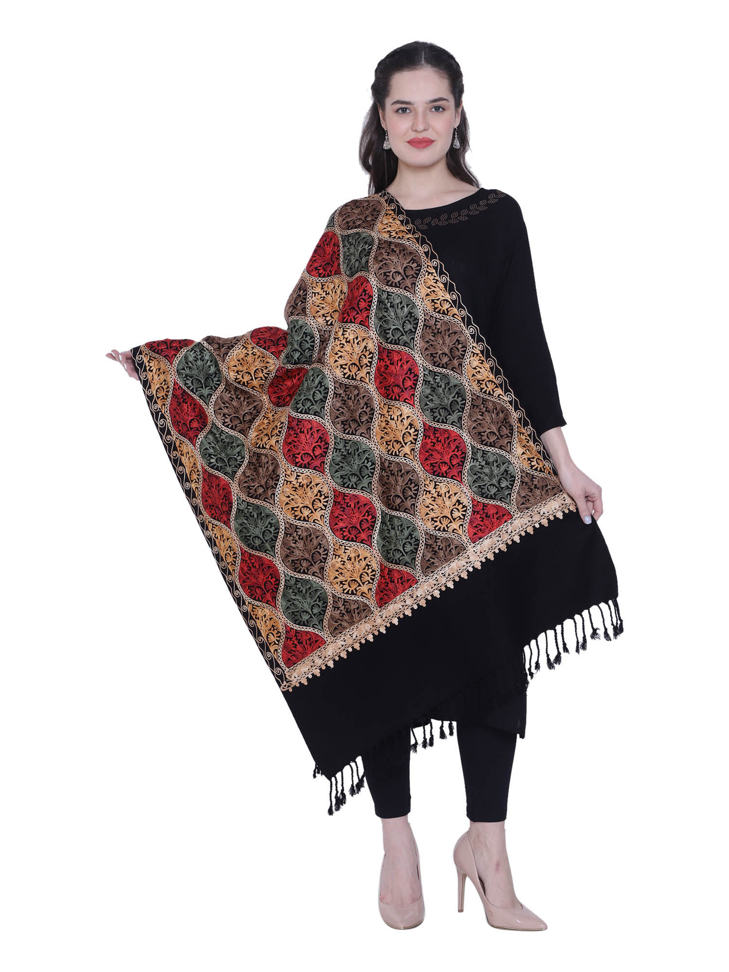swi stylish Black Aari Embroidery Kashmiri Stole-picture-14