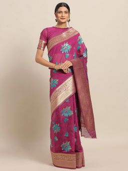 Sareemall - Magenta Floral Saree With Unstitched Blouse