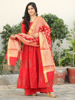 Lavanya The Label - Red Block Print Kurta With Palazzo & Dupatta (Set of 3)