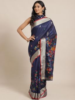 Sareemall - Navy Blue Festive Pure Jamdani Silk Woven Saree With Unstitched Blouse