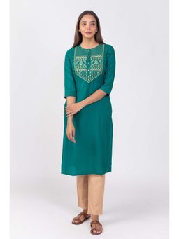Kasya - Green Rayon Dobby Kurta With Embroidered Yoke