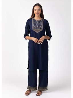 Kasya - Navy Rayon Flex Kurta With Embroidered Yoke