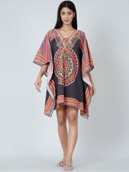 First Resort by Ramola Bachchan - Black Tribal Kaftan Top