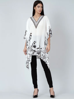 First Resort by Ramola Bachchan - White Embellished Floral Kaftan Top