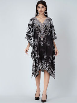 First Resort by Ramola Bachchan - Black And White Floral Print Silk Kaftan Tunic