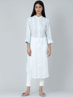 First Resort by Ramola Bachchan - White And Blue Embroidered Shirt Style Kurta