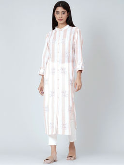 First Resort by Ramola Bachchan - White And Rust Embroidered Shirt Style Kurta