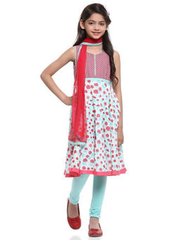 Biba - Coral And Turquoise Cotton Anarkali Suit (Set of 3)