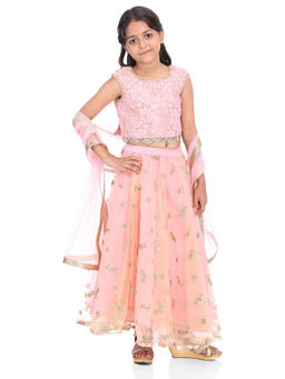 Biba - Pink Patterned Top with Lehenga and Dupatta (Set of 3)